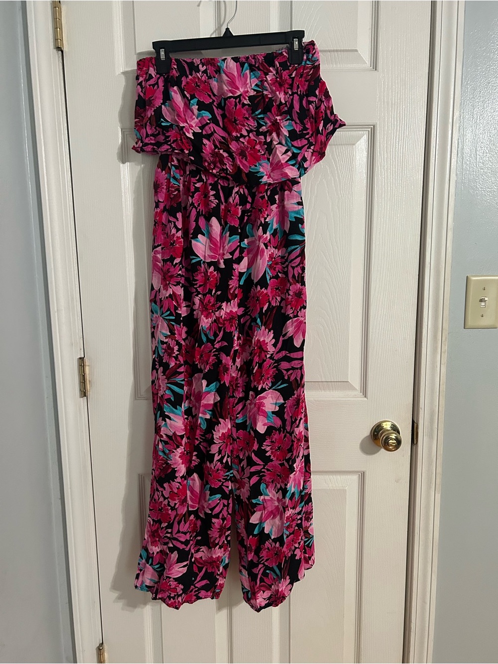 Floral Off-Shoulder Wide-Leg Jumpsuit in Hot Pink